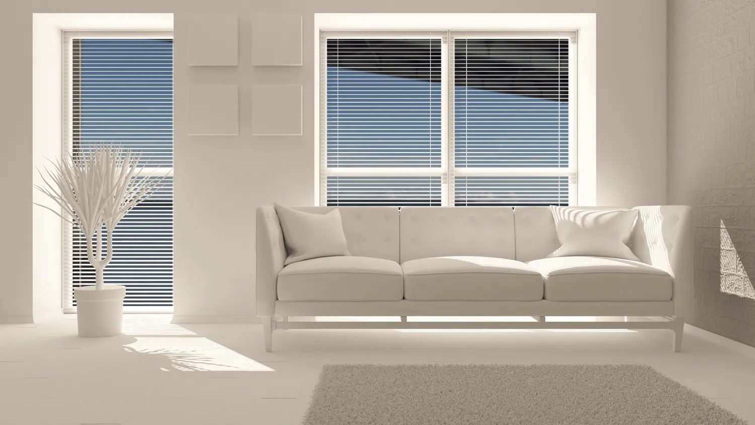 3d-contemporary-living-room-interior-modern-furniture Bright minimalist living room with a white sofa, large windows with horizontal blinds, a potted plant, and a light beige rug.